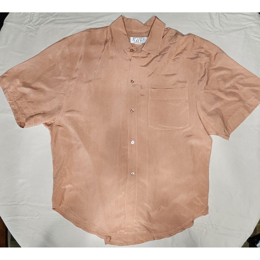 Vintage FAGA By FYI 100% Silk MED Button Up‎ Mens Shirt Salmon Short Sleeve Y2K